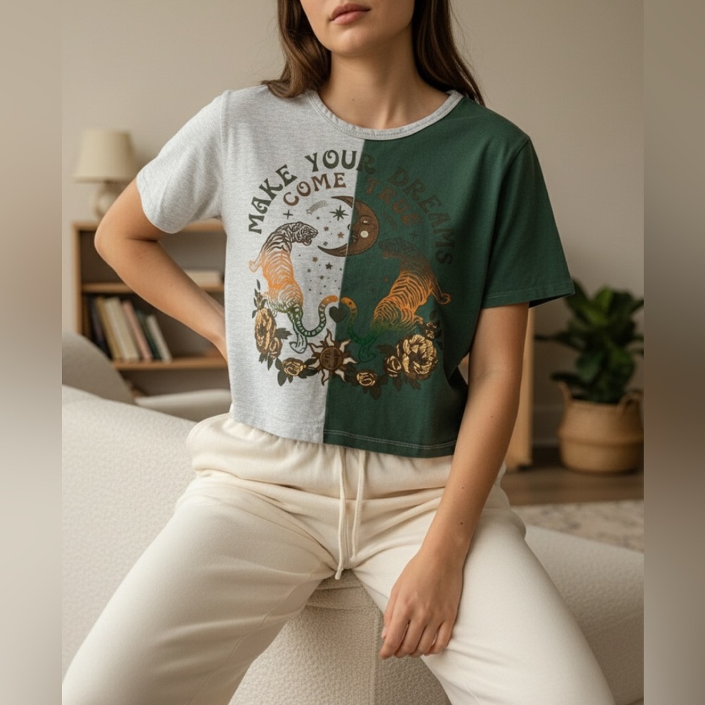 SOCIAL CULTURE Green and Gray split crop top tee shirt size medium